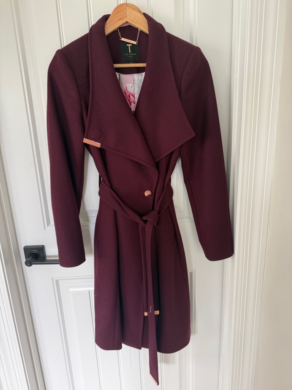 Ted Baker Burgundy Wrap Trench Coat with Gold Accents